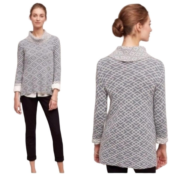 Anthropologie | Moth Gray & White Abstract Print Turtleneck Sweater (Size Small) - Picture 1 of 15